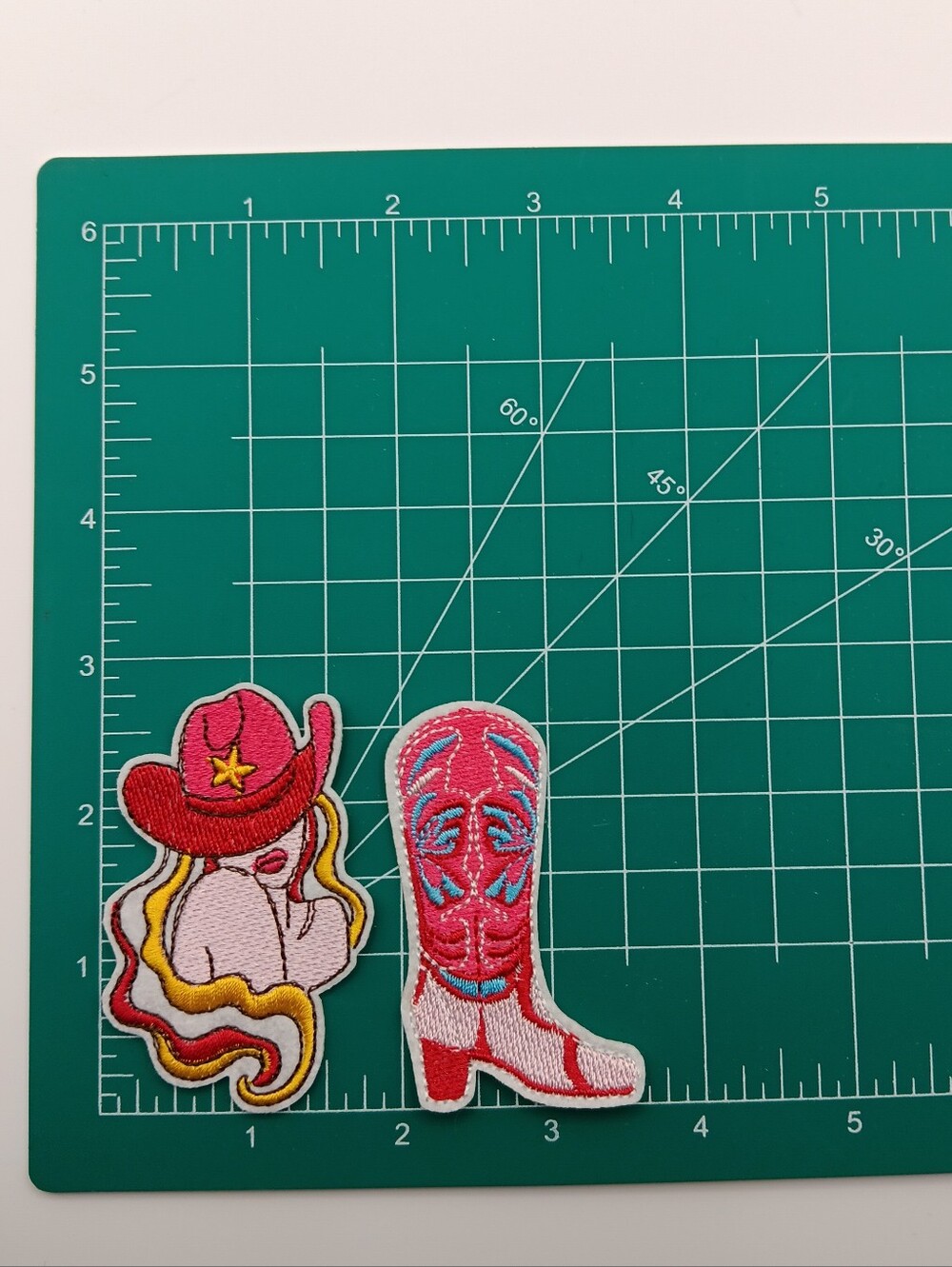 Rodeo Cowgirl & Pink Cowboy Boot Embroidered Iron On Patch Pair, Western - Picture 4 of 4